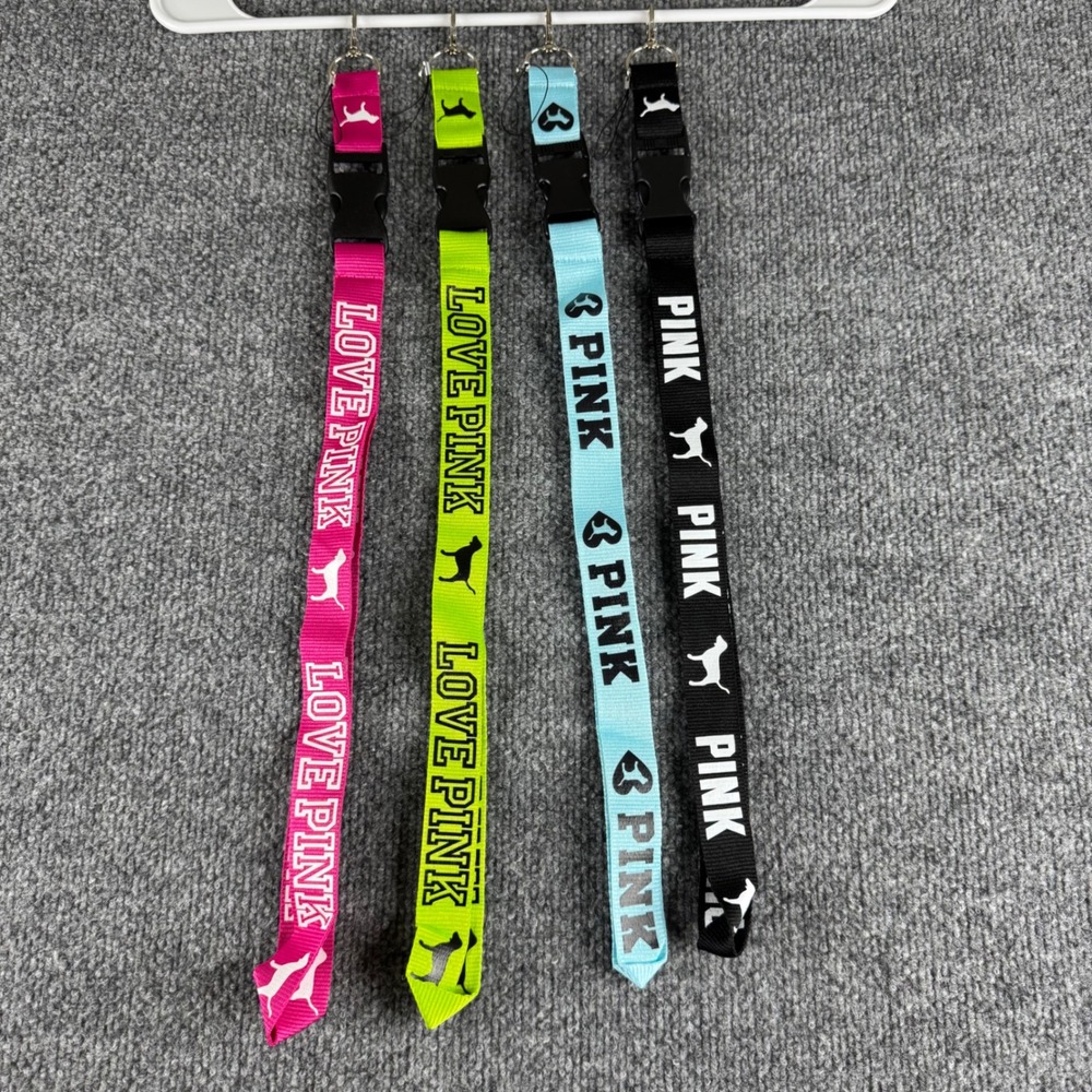 Victorias Secret PINK Lanyard Keychain Holder Dog Logo Lot of 4 Pink Green Blue